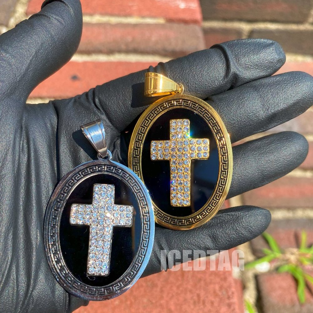 Gold Plated Iced Blinged Medallion Cross Cubic Zirconia Diamond Pendant Charm